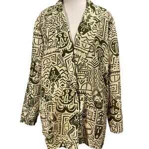 Bogari Silk Relaxed Blazer Jacket Womens Large Tribal Boho Print